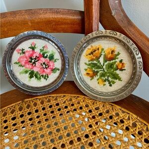 Vintage Coasters Needlepoint Floral Decorative Silver Tone Set of Two